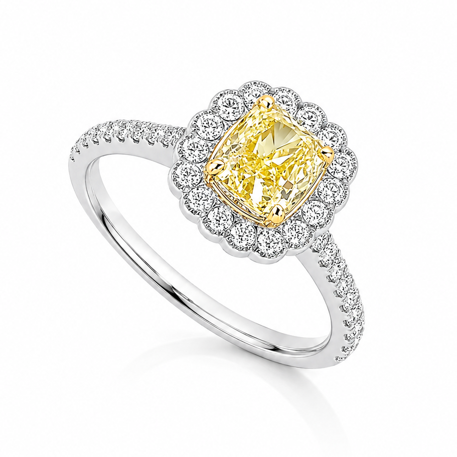 The Surya Platinum 950 trilogy ring with GIA-certified 0.65ct VVS2 natural Fancy Yellow radiant cut diamond and white diamond side stones.