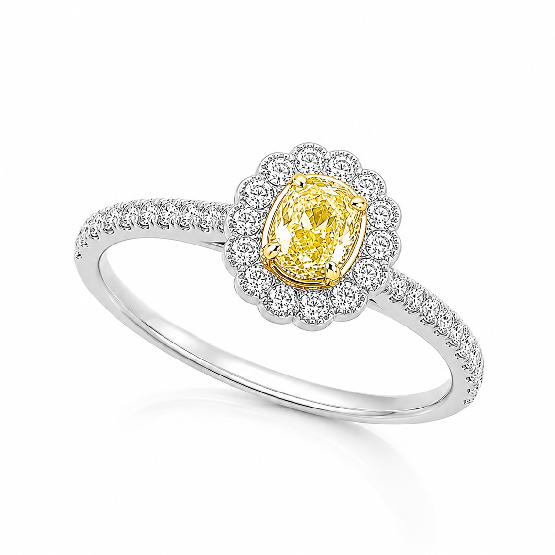 The Helios Platinum 950 ring featuring a GIA-certified 0.36ct VVS2 natural Fancy Yellow oval cut diamond.