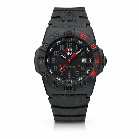 Luminox Navy SEAL XS.3565 44mm black CARBONOX watch with red accents