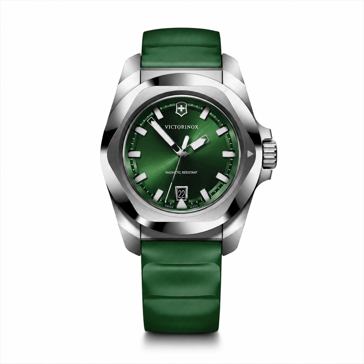 Victorinox I.N.O.X. Quartz 242085 41mm Swiss watch with green rubber strap