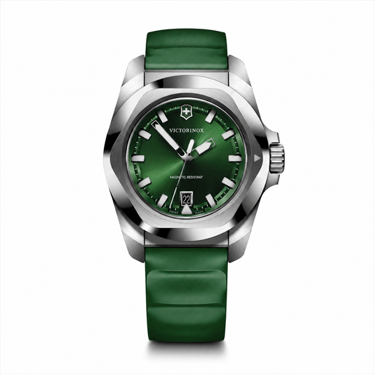 Victorinox I.N.O.X. Quartz 242085 41mm Swiss watch with green rubber strap