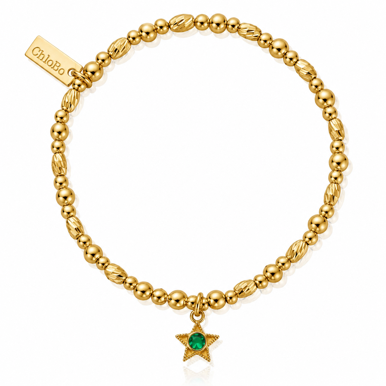ChloBo May Birthstone Bracelet with gold-plated beads and green cubic zirconia star charm