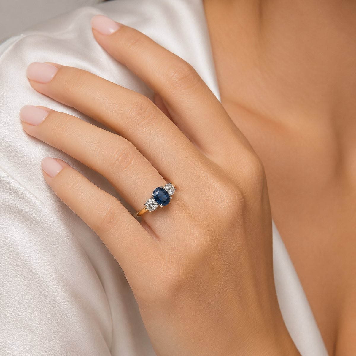 18ct yellow gold trilogy ring with 1.06ct oval natural blue sapphire and two round brilliant diamonds totalling 0.42ct