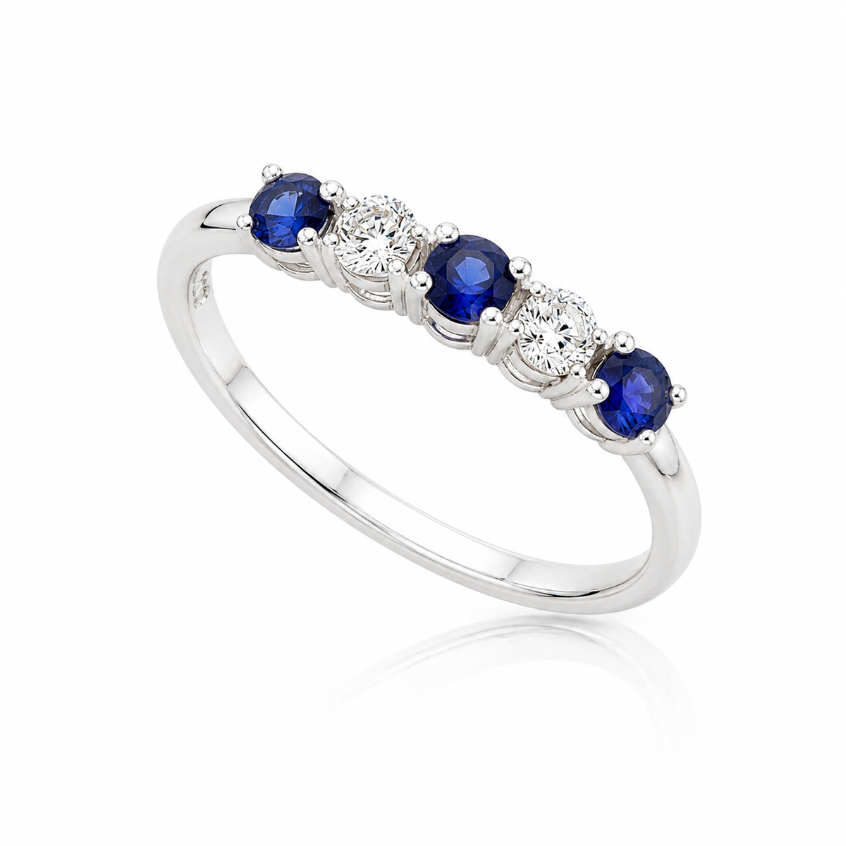 18ct white gold half eternity ring set with alternating round blue sapphires and diamonds.