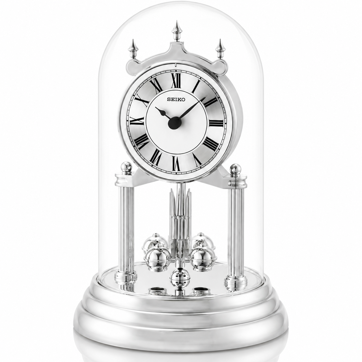 Seiko QHN006S silver-coloured glass dome mantel clock with Roman numeral dial and rotating pendulum