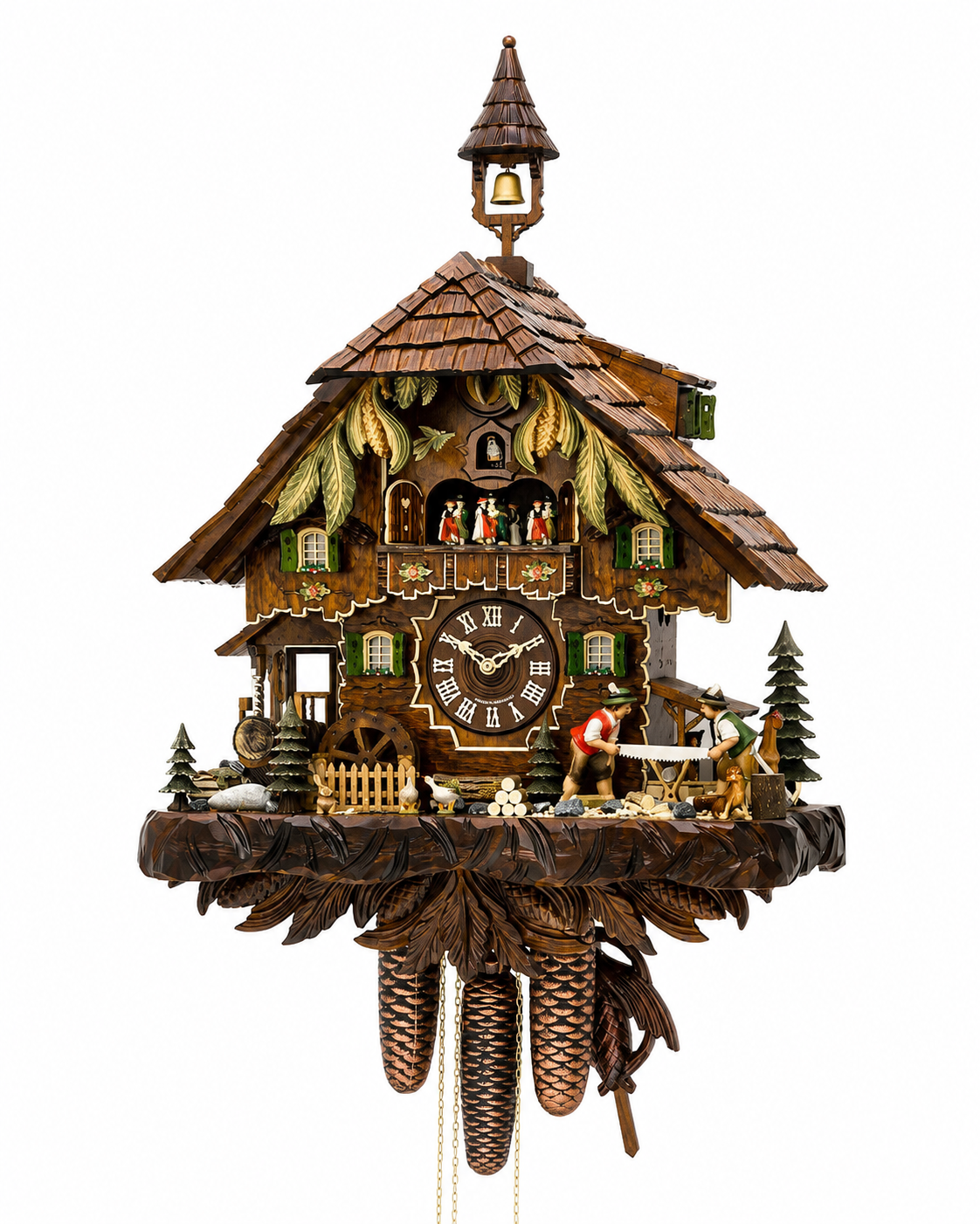 Traditional carved wooden cuckoo clock with chalet design, Roman numeral dial, moving figures, pinecone weights and bell tower.