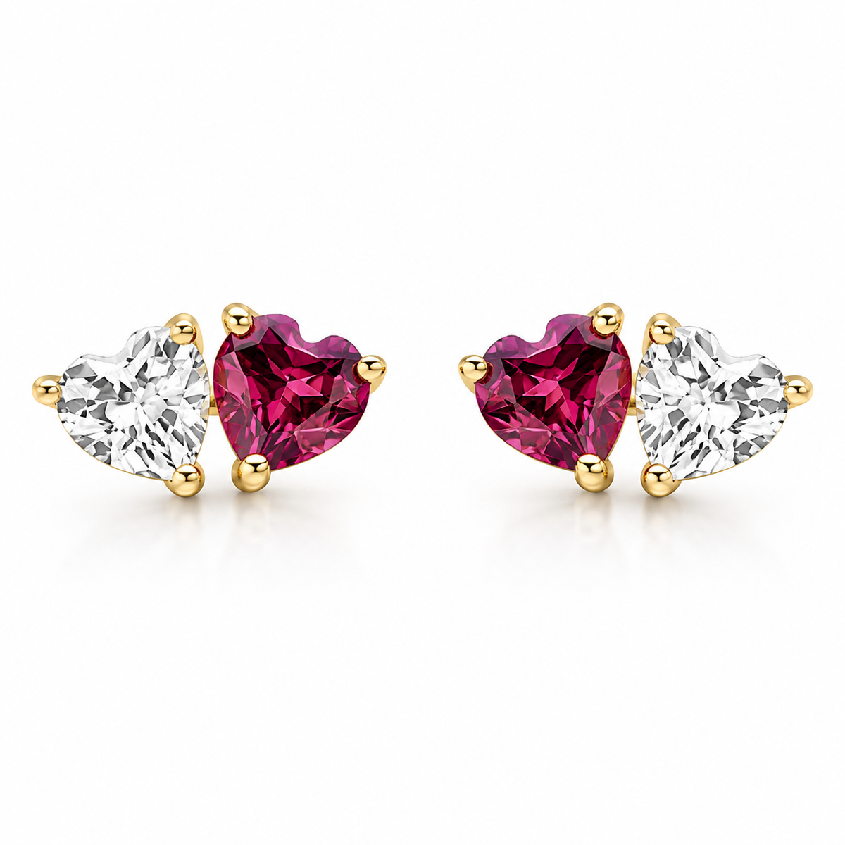 9ct yellow gold Toi et Moi heart stud earrings featuring rhodolite garnet and white topaz.