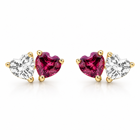 9ct yellow gold Toi et Moi heart stud earrings featuring rhodolite garnet and white topaz.