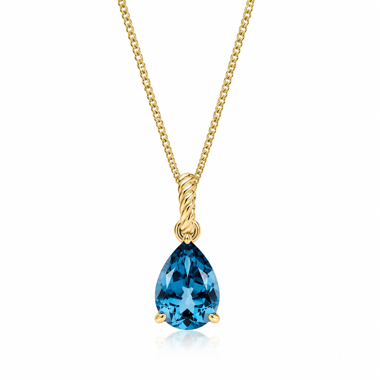 9ct yellow gold pendant featuring a natural pear-cut London blue topaz with a twisted gold bale on an adjustable fine curb chain.