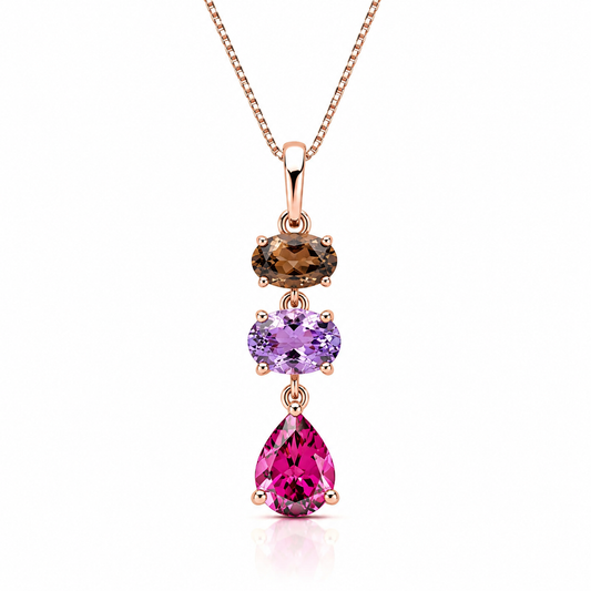 9ct rose gold pendant with natural smoky quartz, Rose de France amethyst and rhodolite garnet on an adjustable 16–18 inch fine chain.