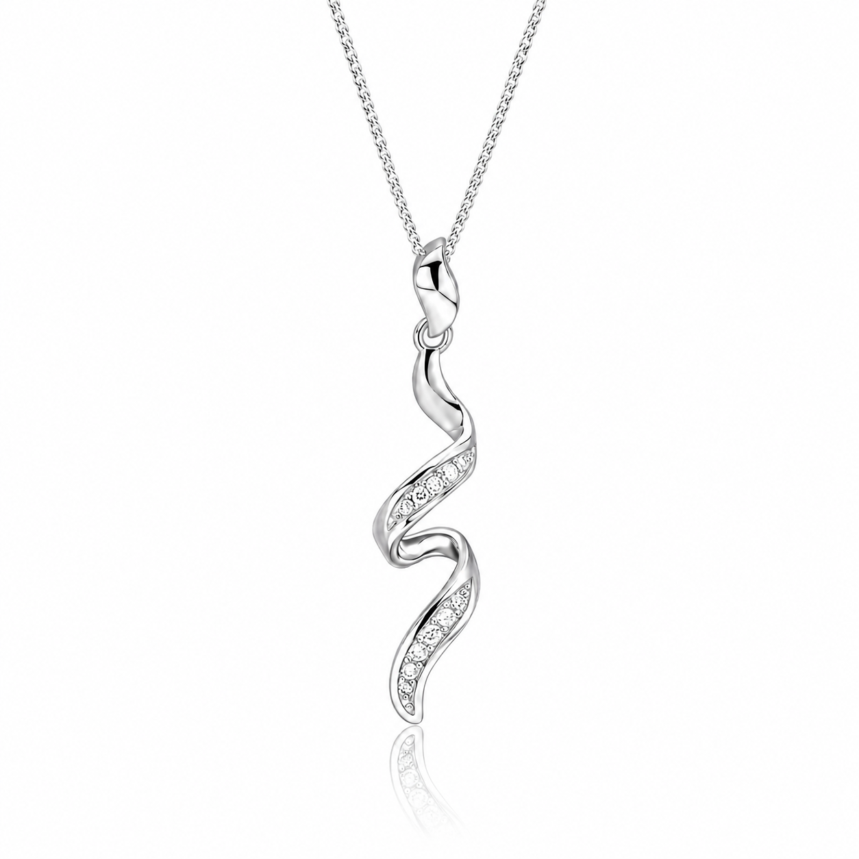 9ct white gold ribbon pendant featuring natural pavé set diamonds on an adjustable 16–18 inch fine curb chain.