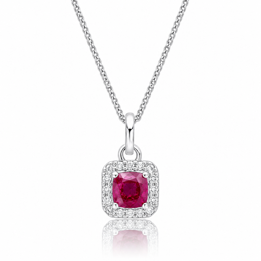 Ruby and diamond halo necklace by Marcus Tempus