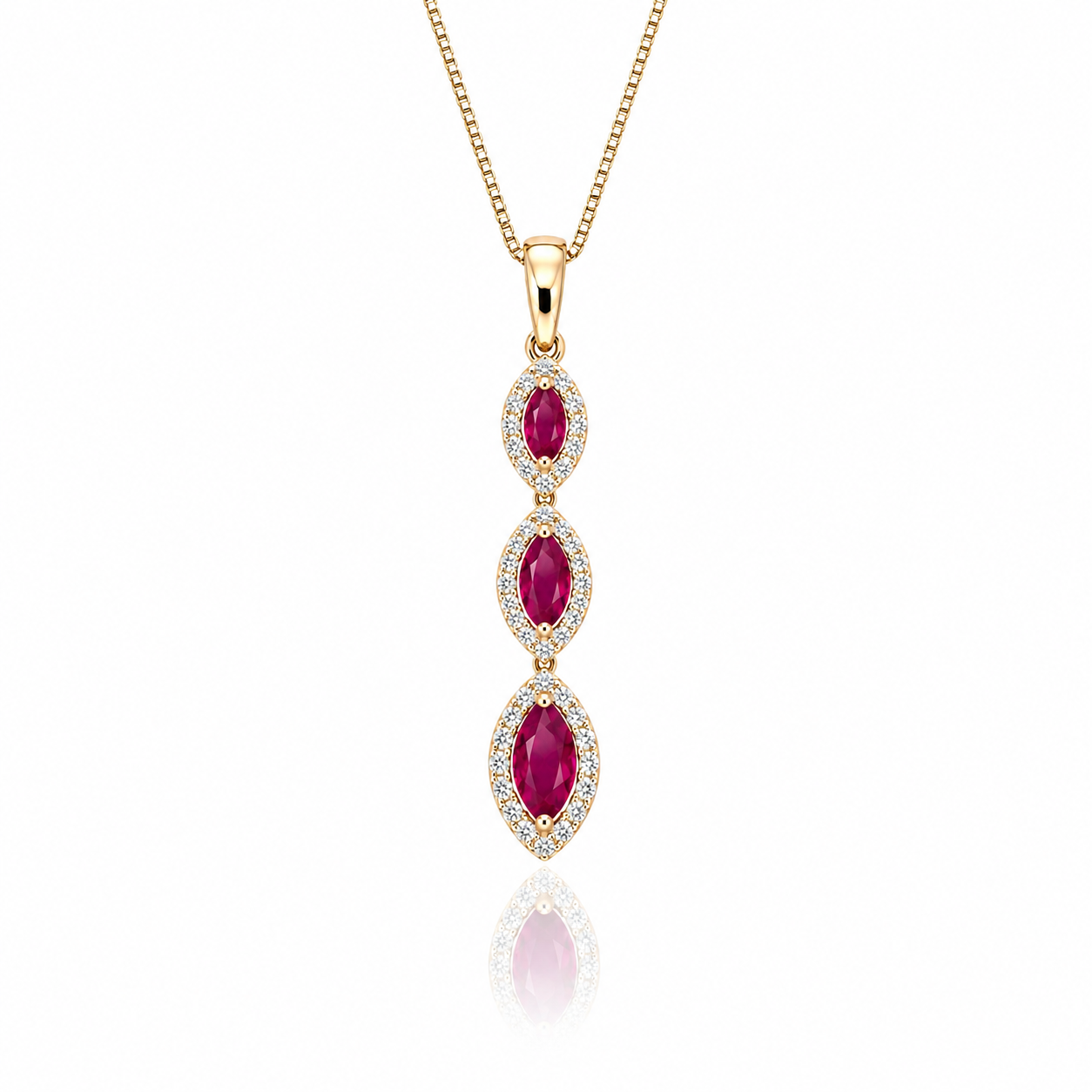 Marquise ruby pendant with diamond halos in 9ct yellow gold
