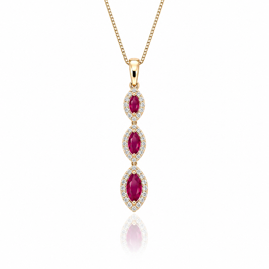 Marquise ruby pendant with diamond halos in 9ct yellow gold