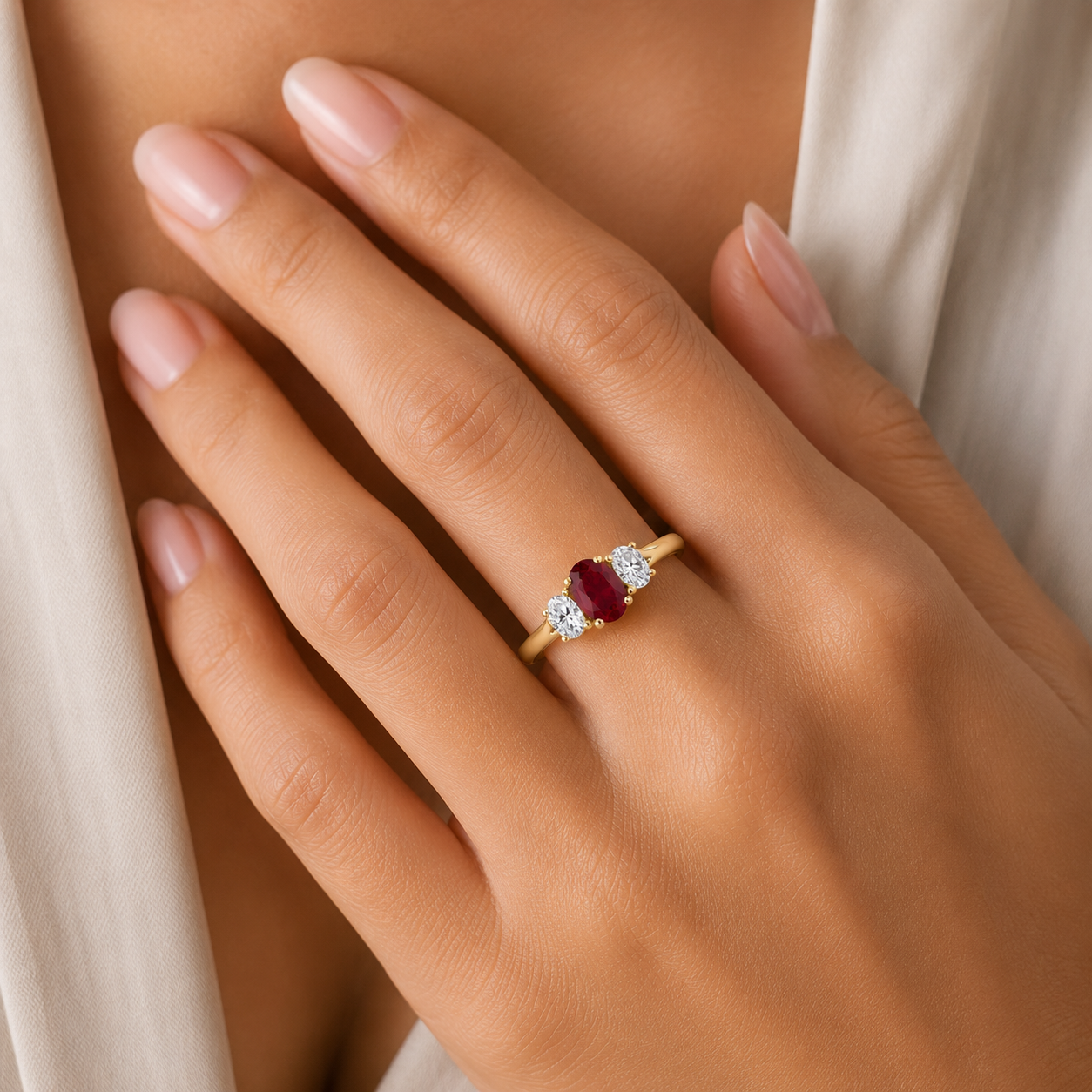 18ct Yellow Gold Oval Ruby & Diamond Trilogy Ring