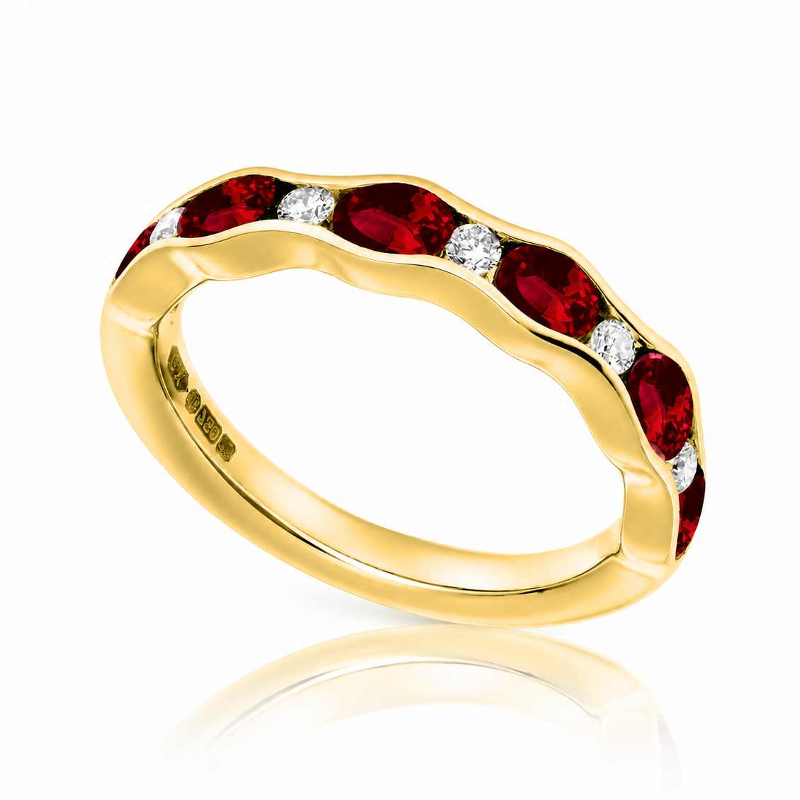 Ruby and diamond half eternity ring in 18ct yellow gold