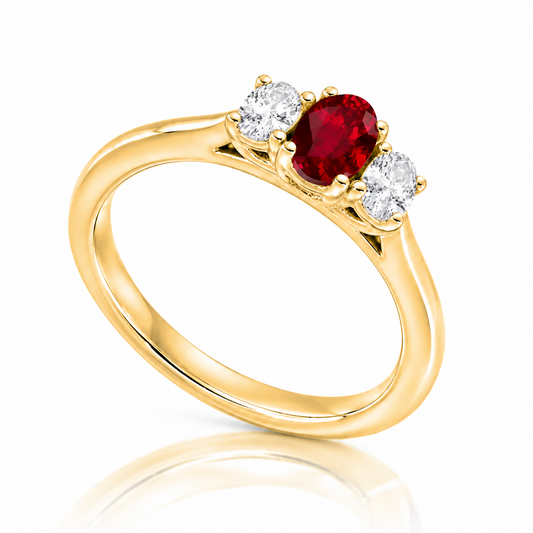 Ruby and diamond three stone ring in 18ct yellow gold