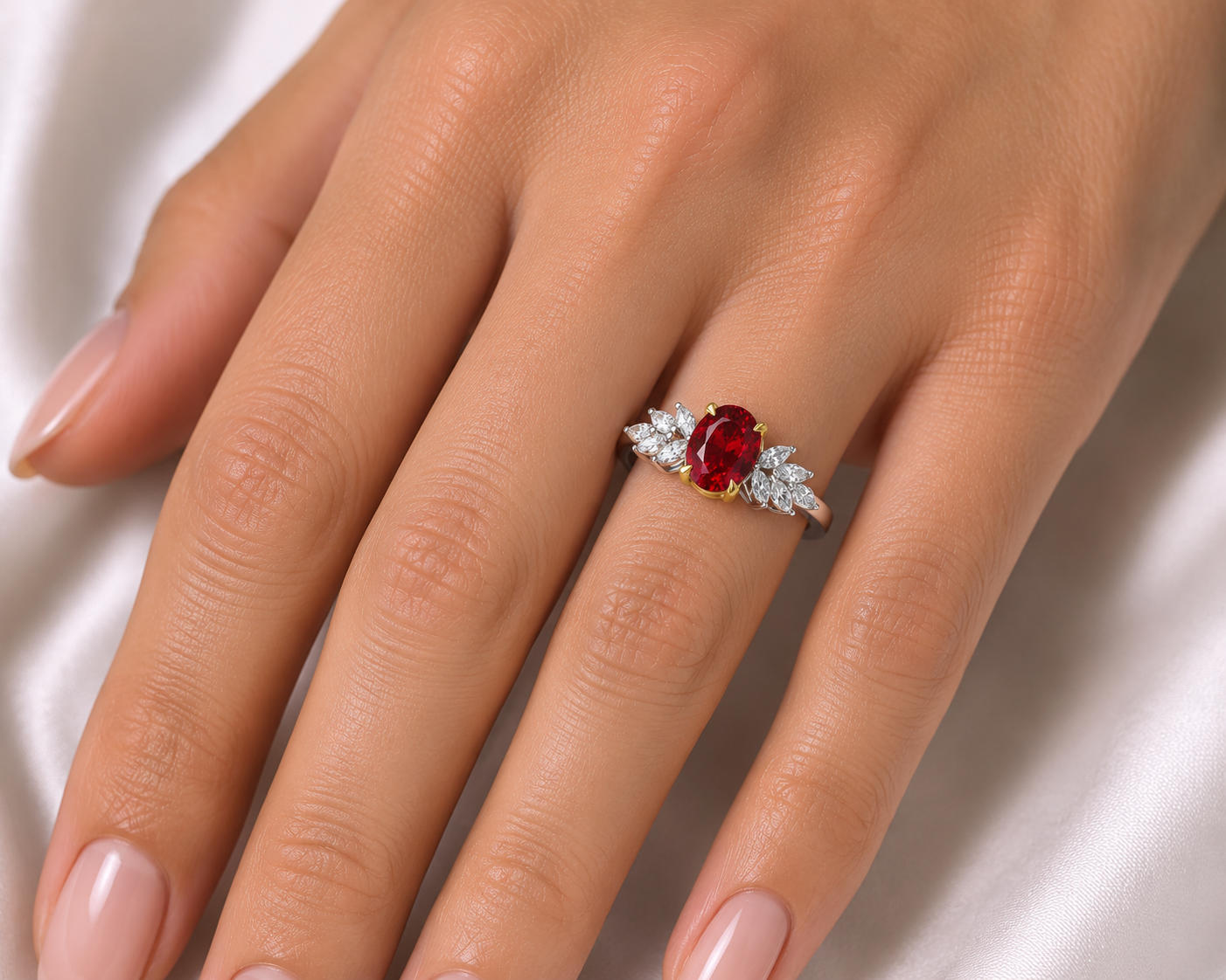 Platinum Oval Ruby & Marquise Diamond Engagement Ring
