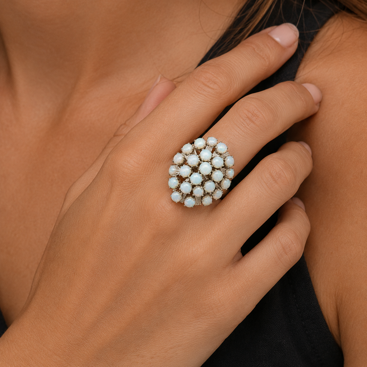 Vintage 10ct White Gold Opal Cluster Ring