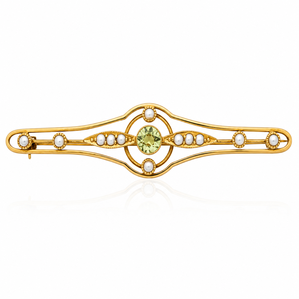 Antique Edwardian 15ct Gold Peridot & Seed Pearl Brooch