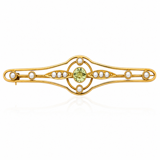 Antique Edwardian 15ct Gold Peridot & Seed Pearl Brooch