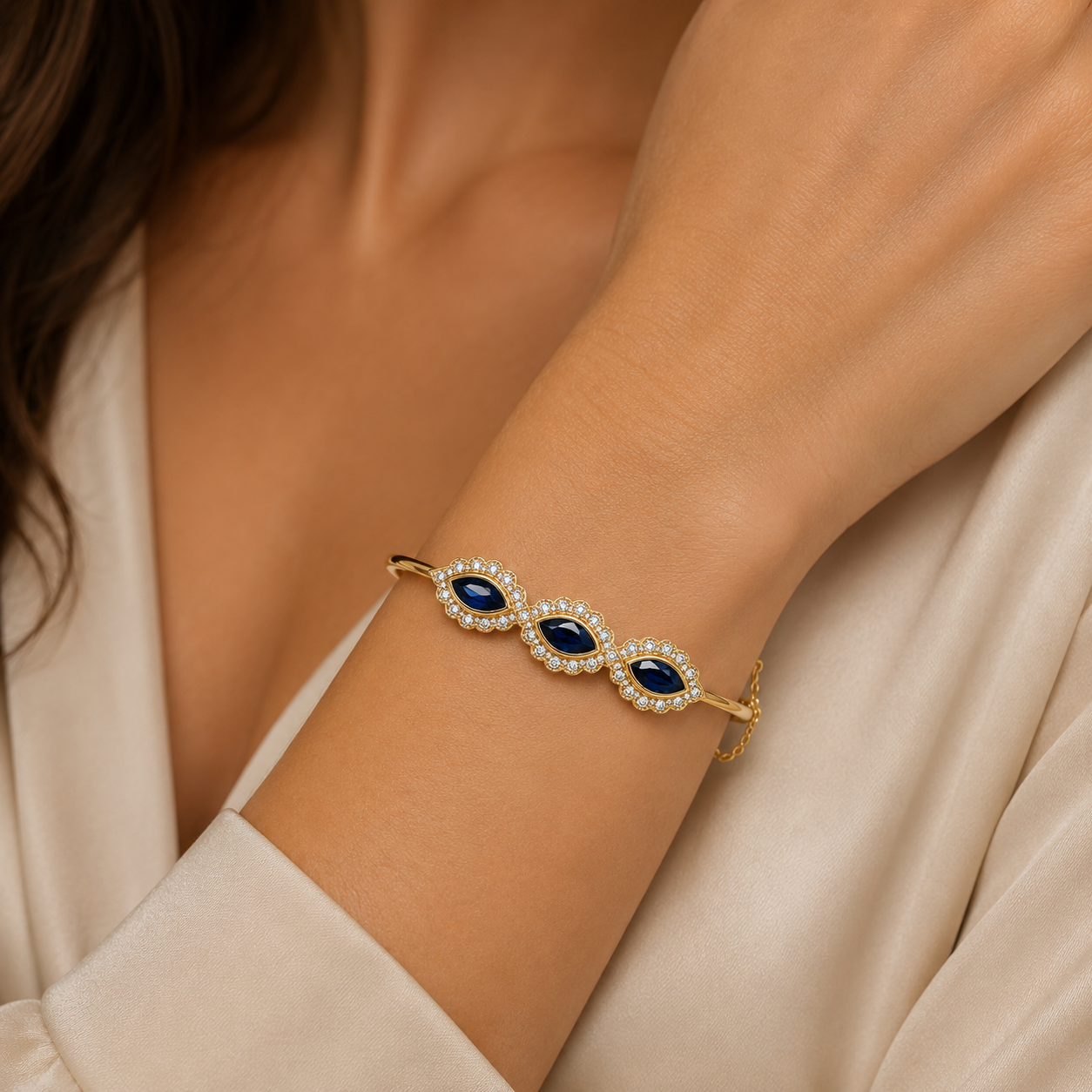 Vintage 9ct Yellow Gold Sapphire & Diamond Bangle