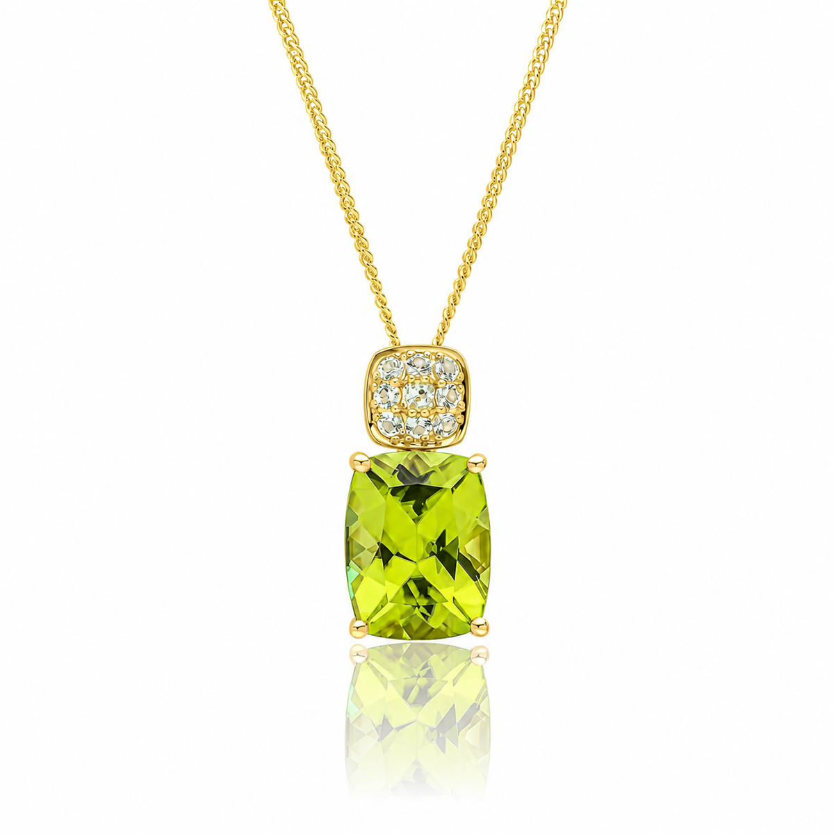 Cushion Cut and Cluster Peridot Pendant in 9ct Gold