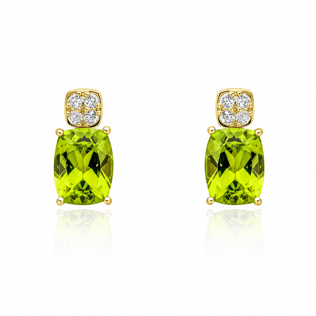 9ct yellow gold pendant featuring a cushion cut peridot beneath a delicate peridot cluster