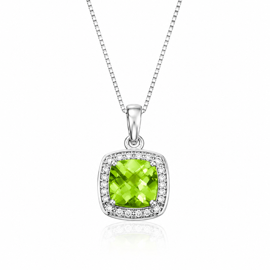 9ct white gold pendant featuring a natural cushion cut peridot surrounded by a sparkling diamond halo