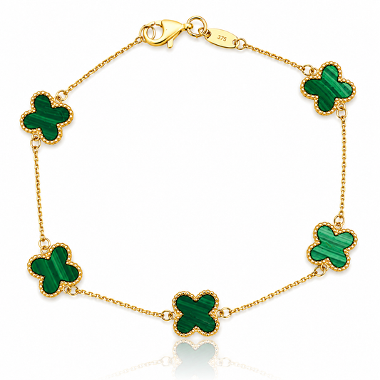 9ct yellow gold bracelet with natural malachite clover motifs