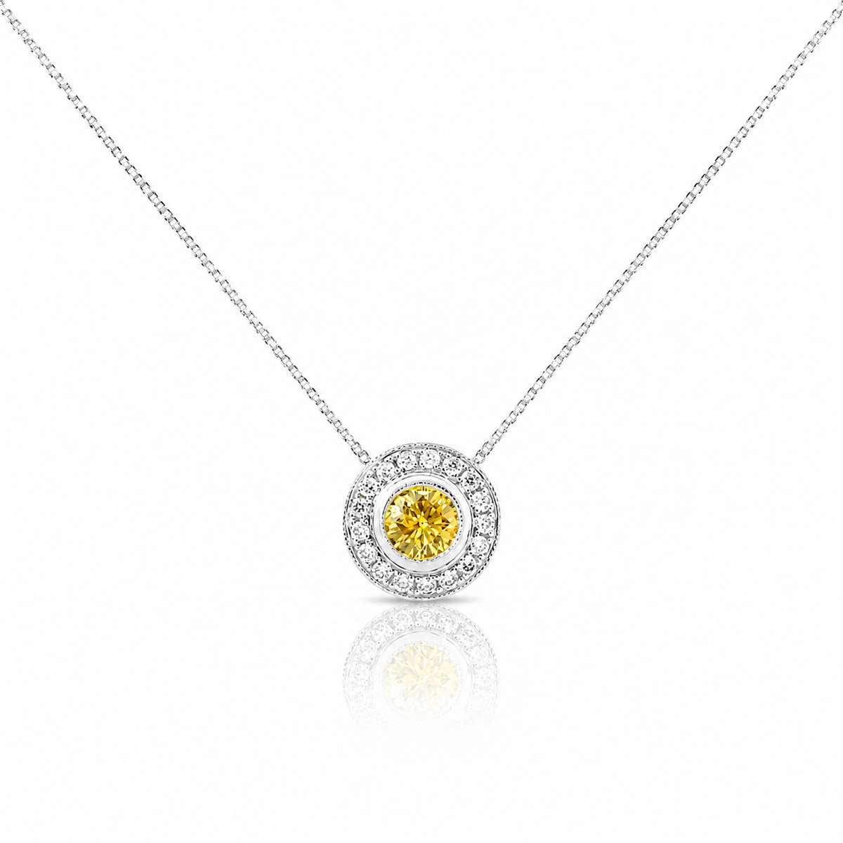 Natural fancy yellow diamond halo pendant with a golden yellow centre diamond surrounded by sparkling white diamonds.