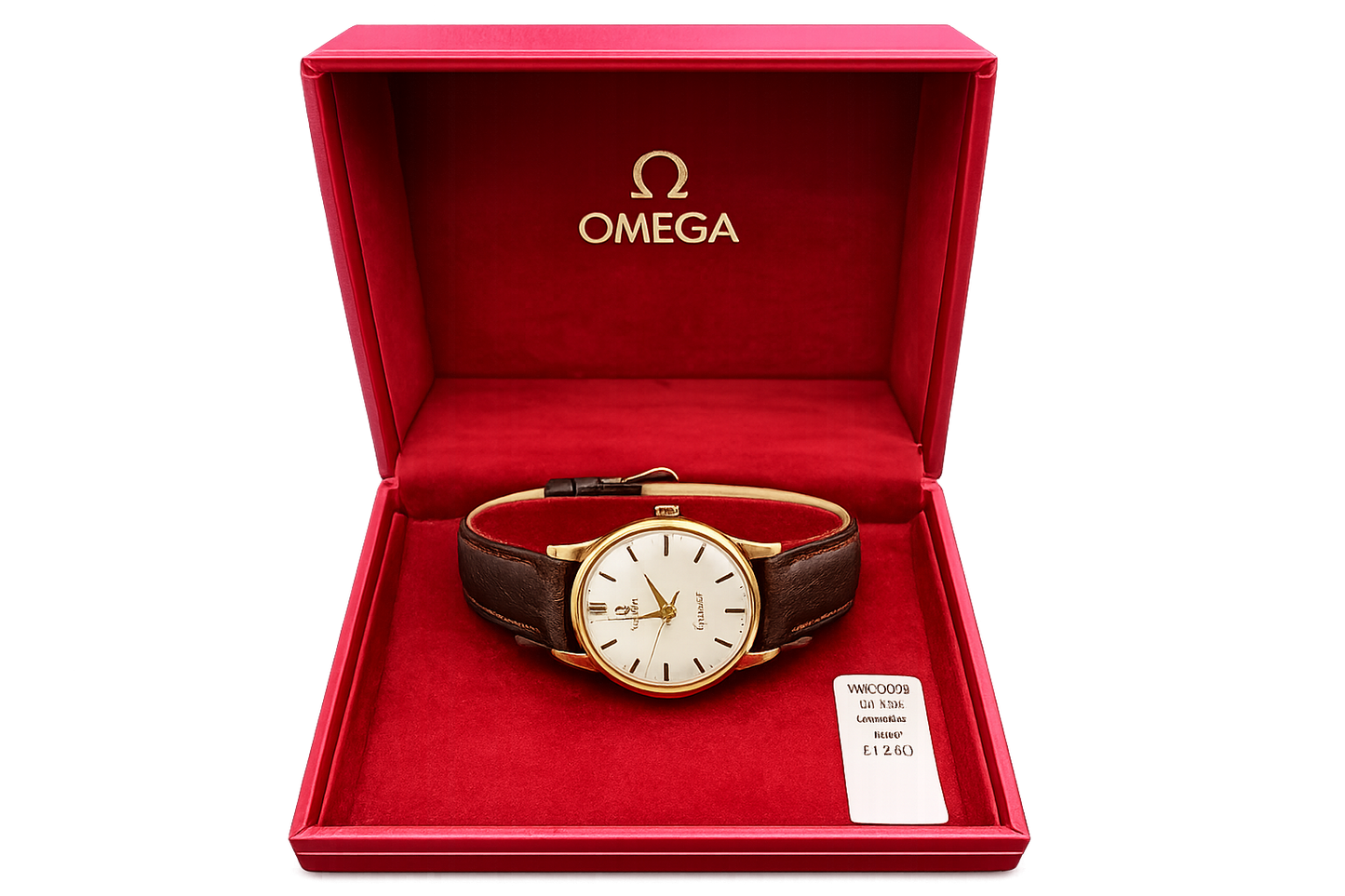 Vintage Omega Genève solid 9ct gold watch with silver sunburst dial and brown leather strap.
