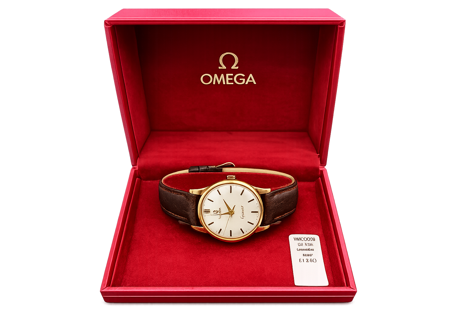 Vintage Omega Genève solid 9ct gold watch with silver sunburst dial and brown leather strap.