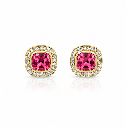 14ct Gold Stud Earrings with Pink Tourmaline and Diamonds
