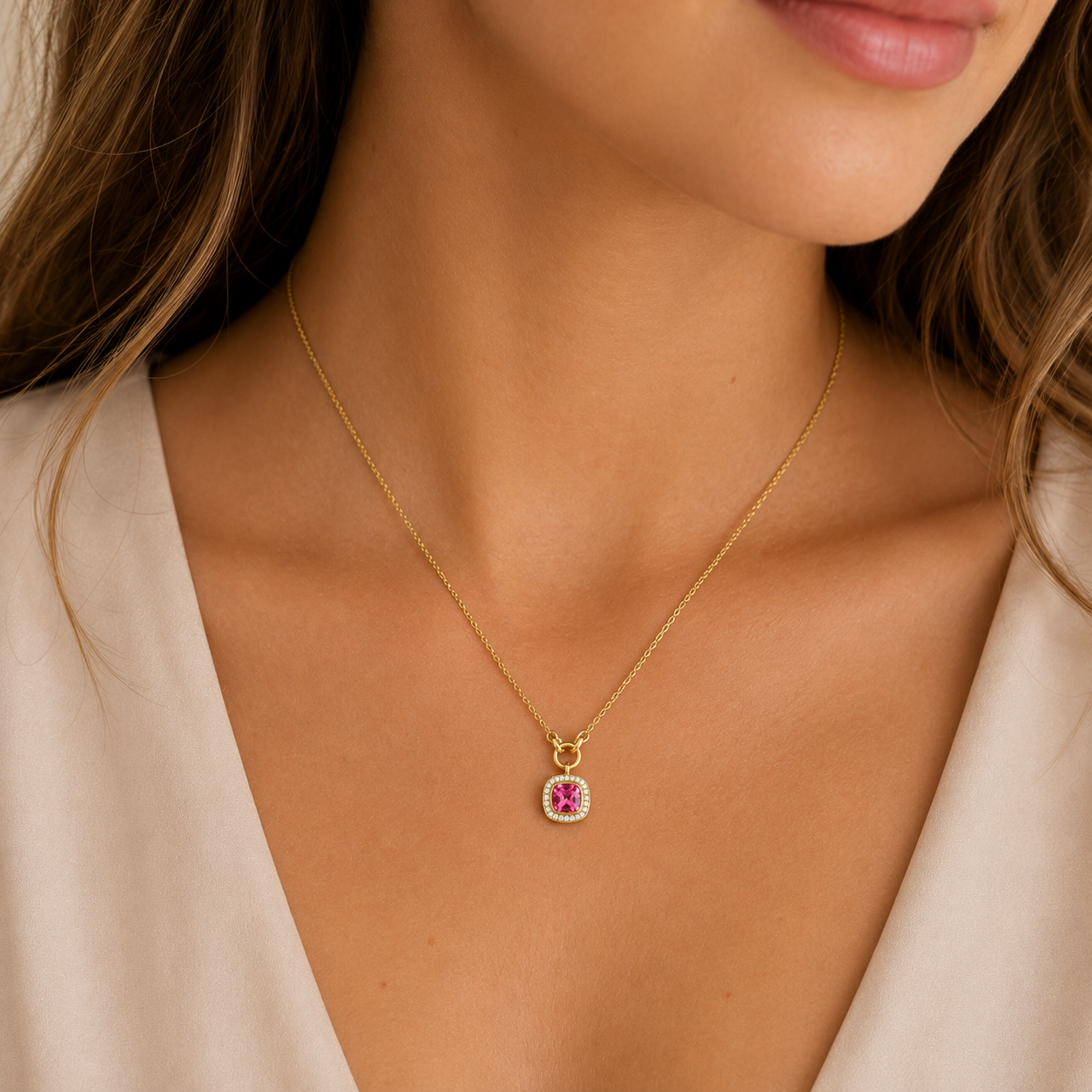 14ct Gold Pink Tourmaline & Diamond Pendant Necklace