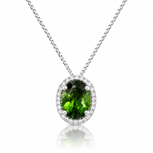 18ct White Gold Green Tourmaline & Diamond Halo Pendant