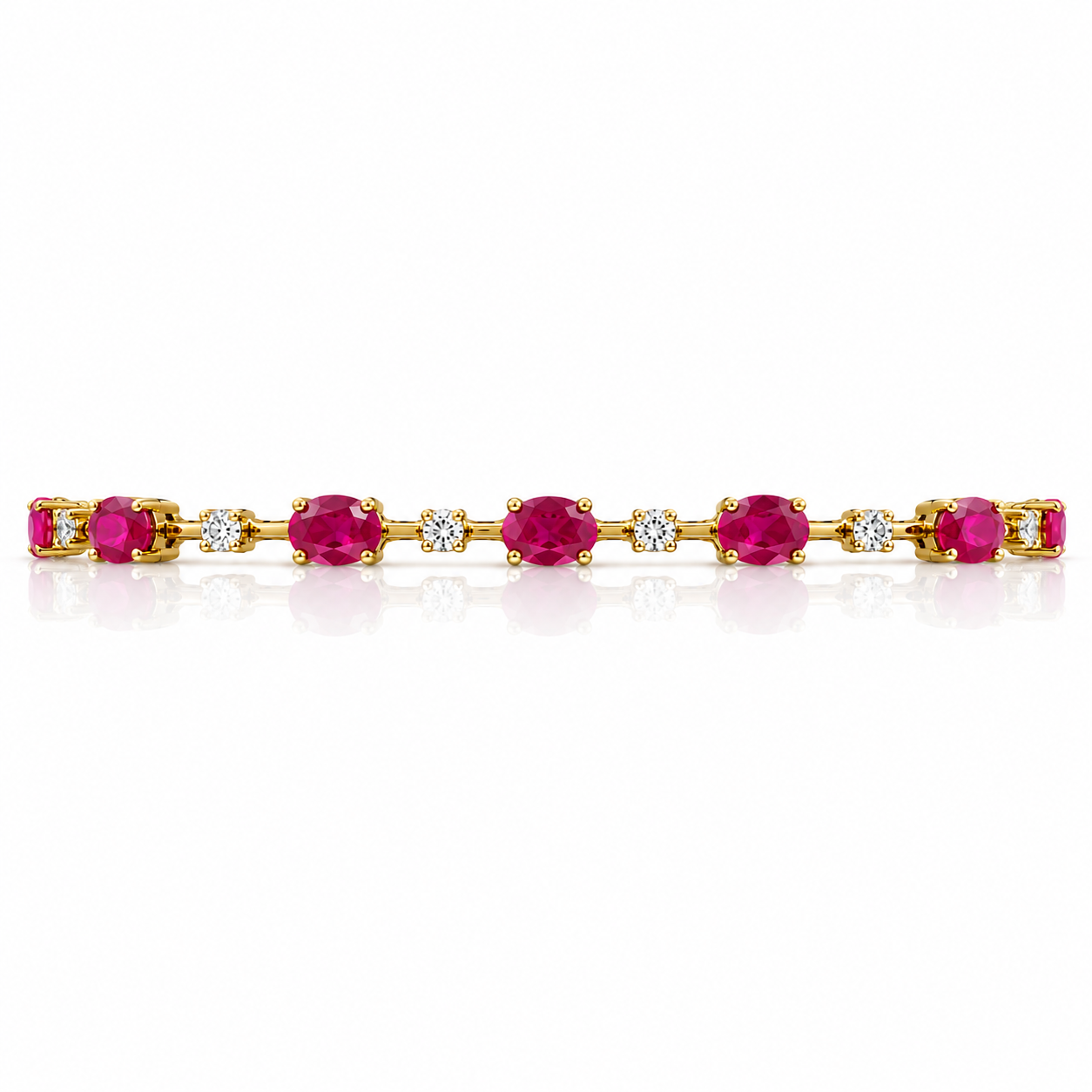 18ct gold ruby and diamond bracelet with alternating natural rubies and brilliant-cut diamond accents.