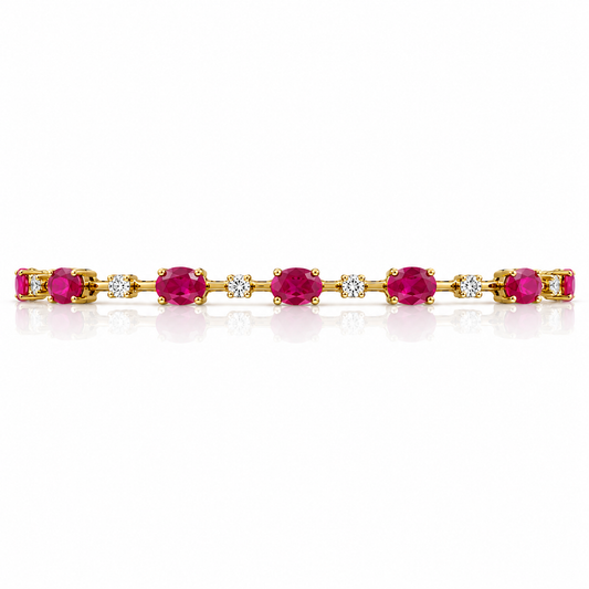 18ct gold ruby and diamond bracelet with alternating natural rubies and brilliant-cut diamond accents.