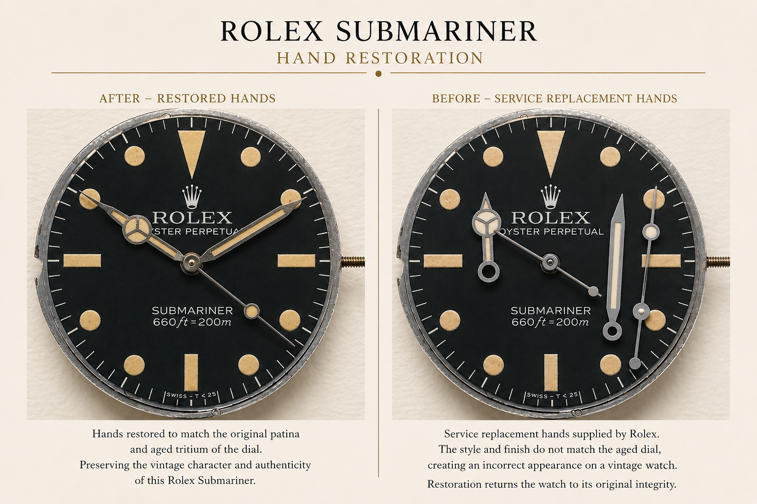 Restored original Rolex Submariner hands with preserved vintage tritium colour following sympathetic restoration by Marcus Tempus.