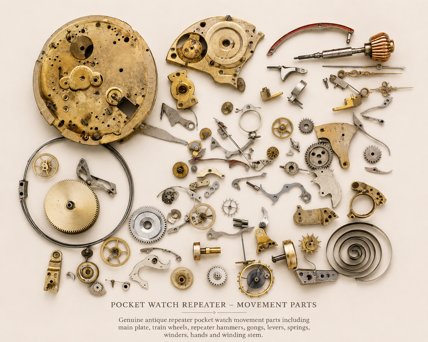 Vintage pocket watch repeater movement during restoration with repaired mechanical components before final assembly.