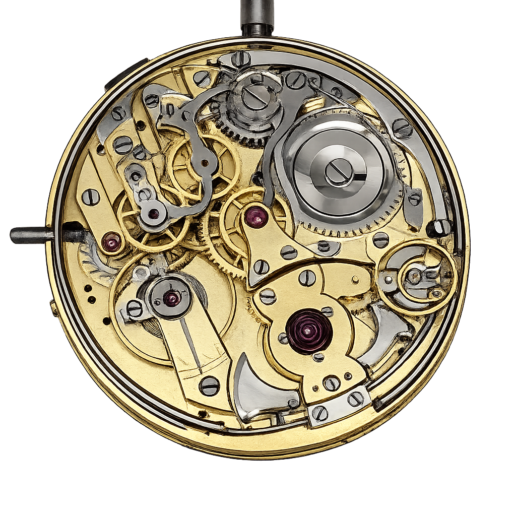 Vintage pocket watch repeater movement during restoration with repaired mechanical components before final assembly.