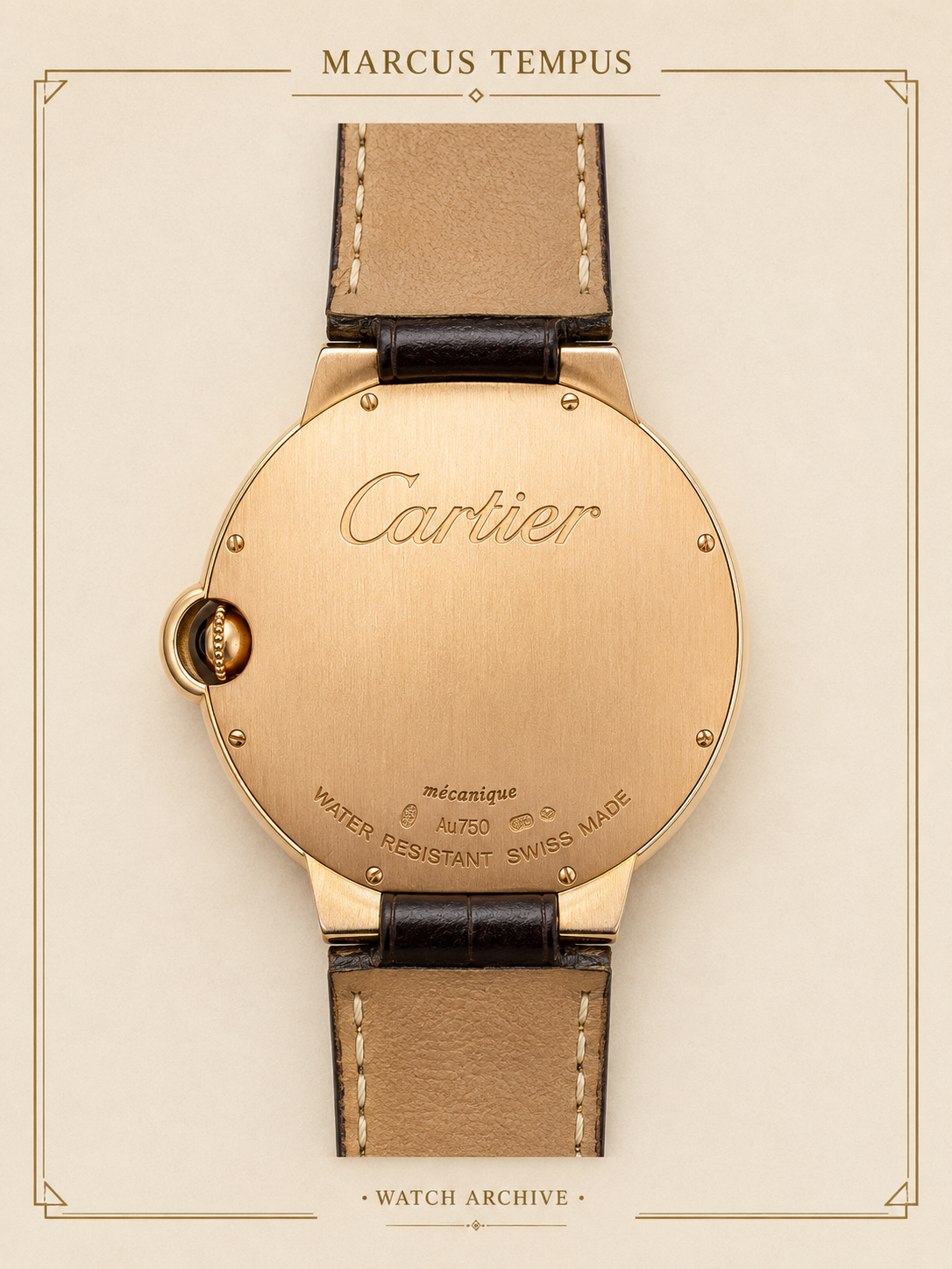 Cartier Ballon Bleu 18ct rose gold mechanical watch with signature sapphire-set crown photographed for the Marcus Tempus Watch Archive.