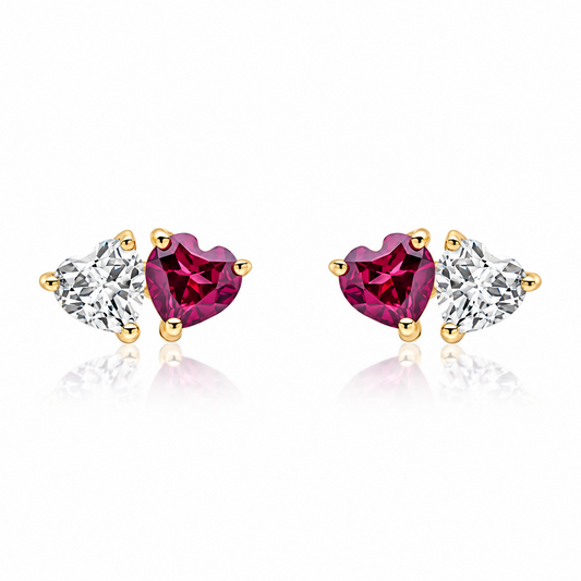 9ct yellow gold heart stud earrings with rhodolite garnet and white topaz gemstones