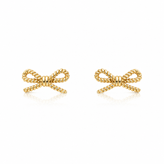 9ct yellow gold rope bow stud earrings with twisted textured detail