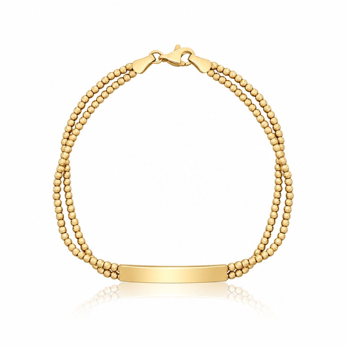 9ct yellow gold double strand beaded ID bracelet with engravable polished bar