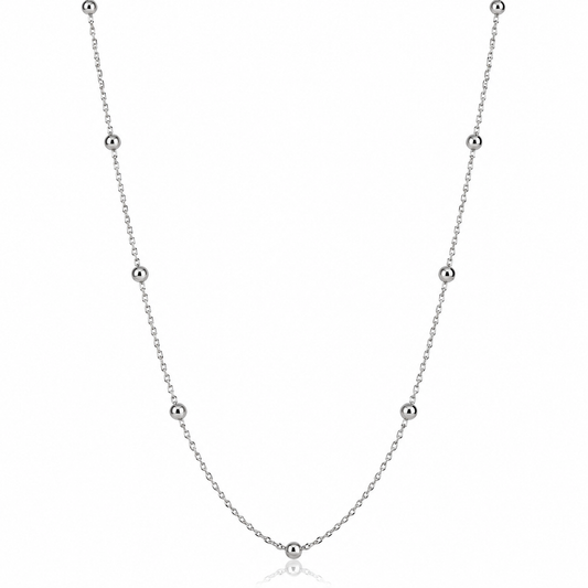 9ct white gold fine ball station necklace with polished bead detail