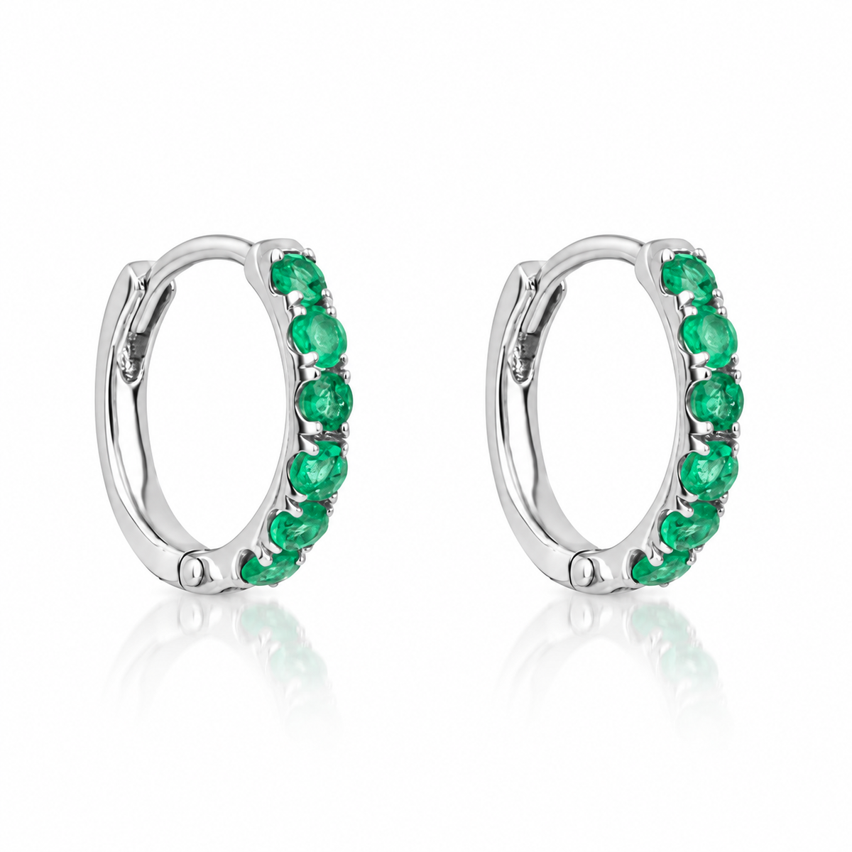 9ct white gold huggie hoop earrings set with natural green emeralds