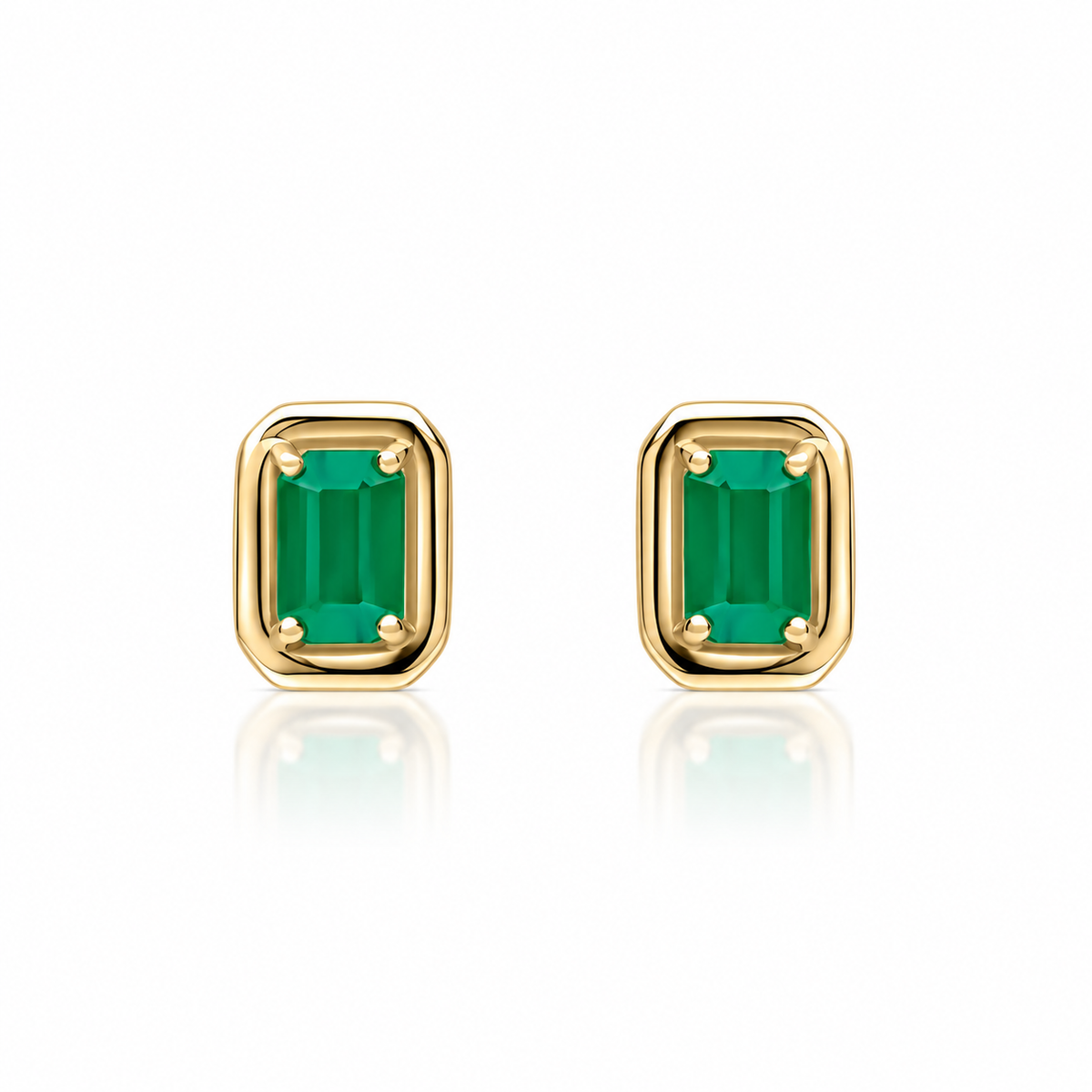 9ct yellow gold geometric emerald stud earrings with chunky polished border