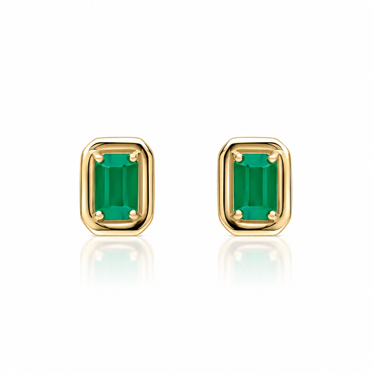 9ct yellow gold geometric emerald stud earrings with chunky polished border
