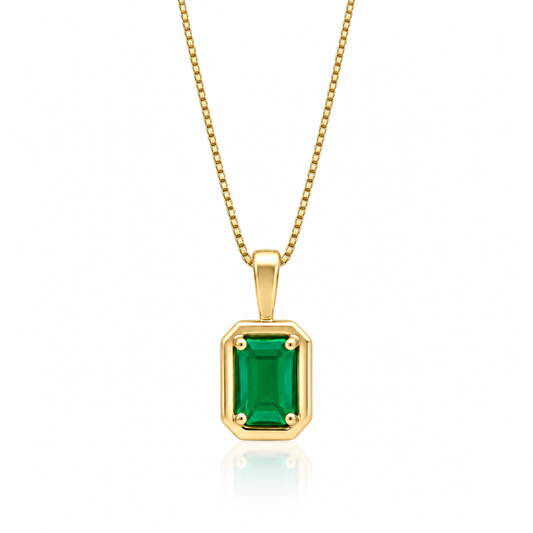 9ct yellow gold octagonal emerald chunky border pendant on Venetian box chain